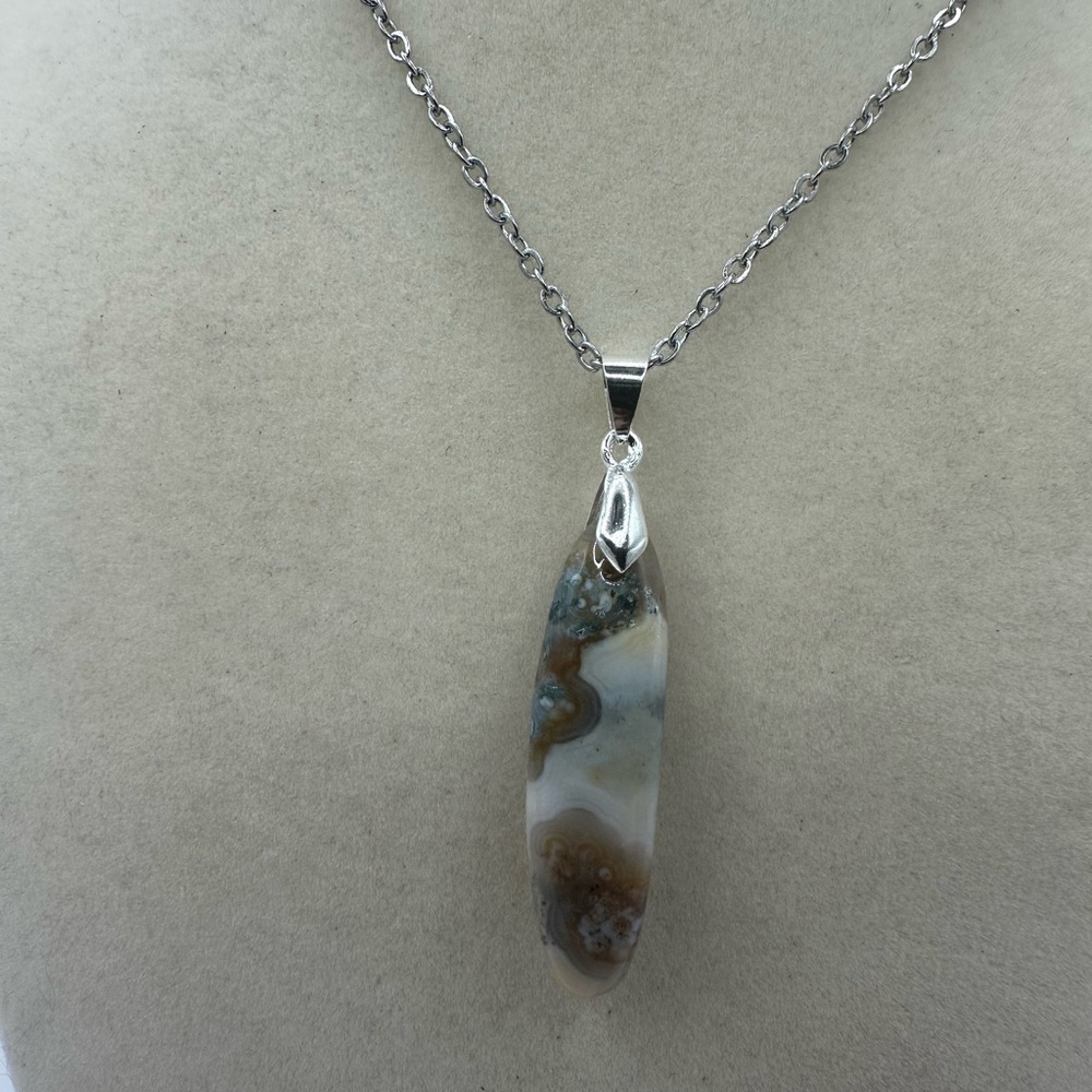 Long Thin Ocean Jasper Pendant on Stainless Steel Chain - Picture 4 of 7
